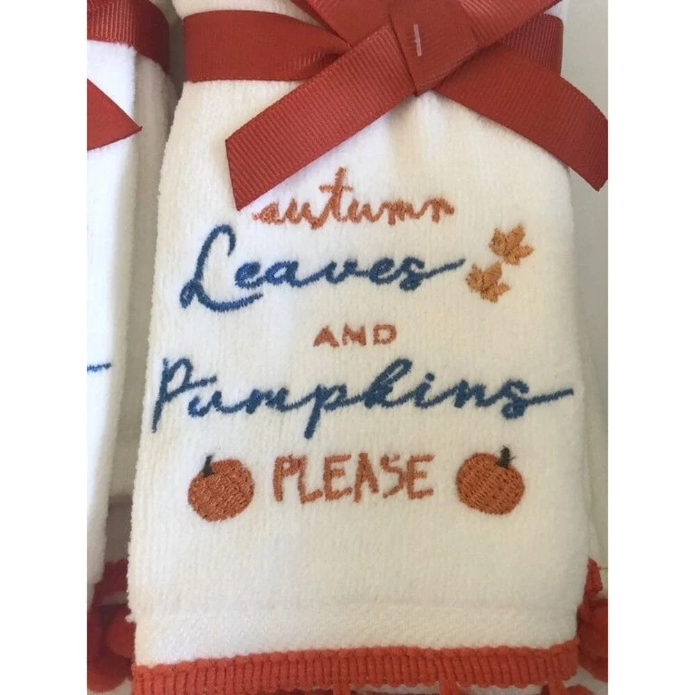 Autumn Leaves Pumpkins Fingertip Towels Embroidered Bathroom Pom Pom Set of 2